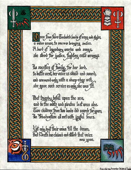 A calligraphy piece that I illuminated. Sonnett written by Lori Turi.